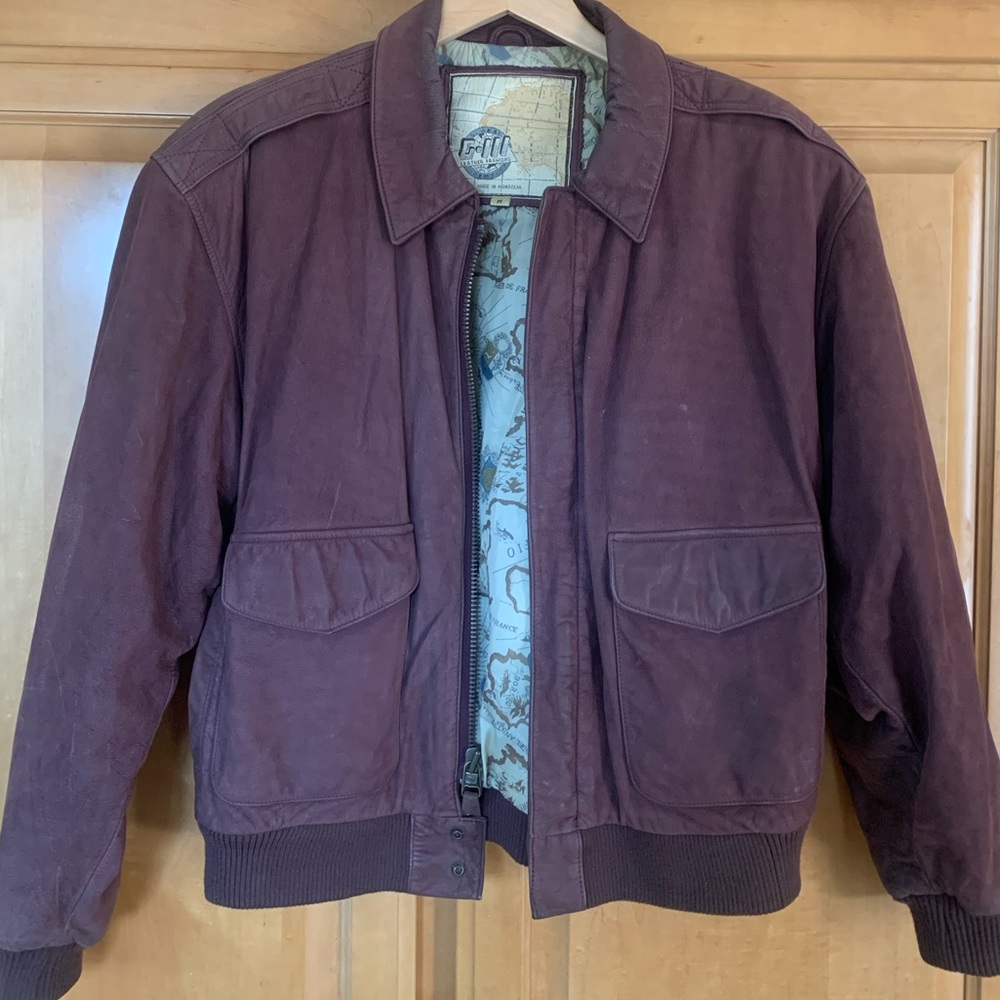 Vintage Global Identity Leather Bomber Jacket - wine color